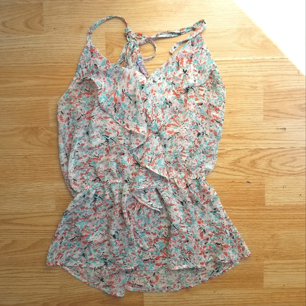 Sakura floral sheer adjustable racer back blouse tie top XS